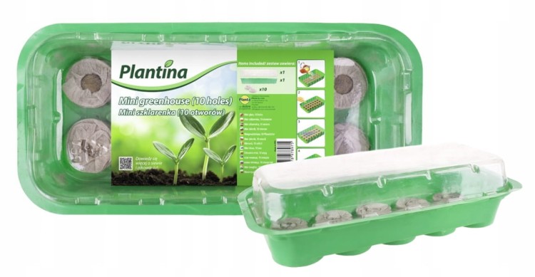 Mini szklarenka Plantina z przykrywką i krążkami – zestaw do rozsady